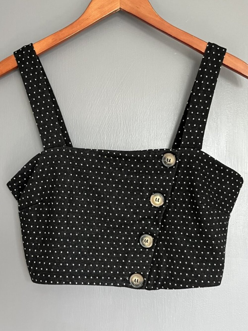 Free People This Is Love Crop Top Sz Medium M Black White Polka Dot Button Front